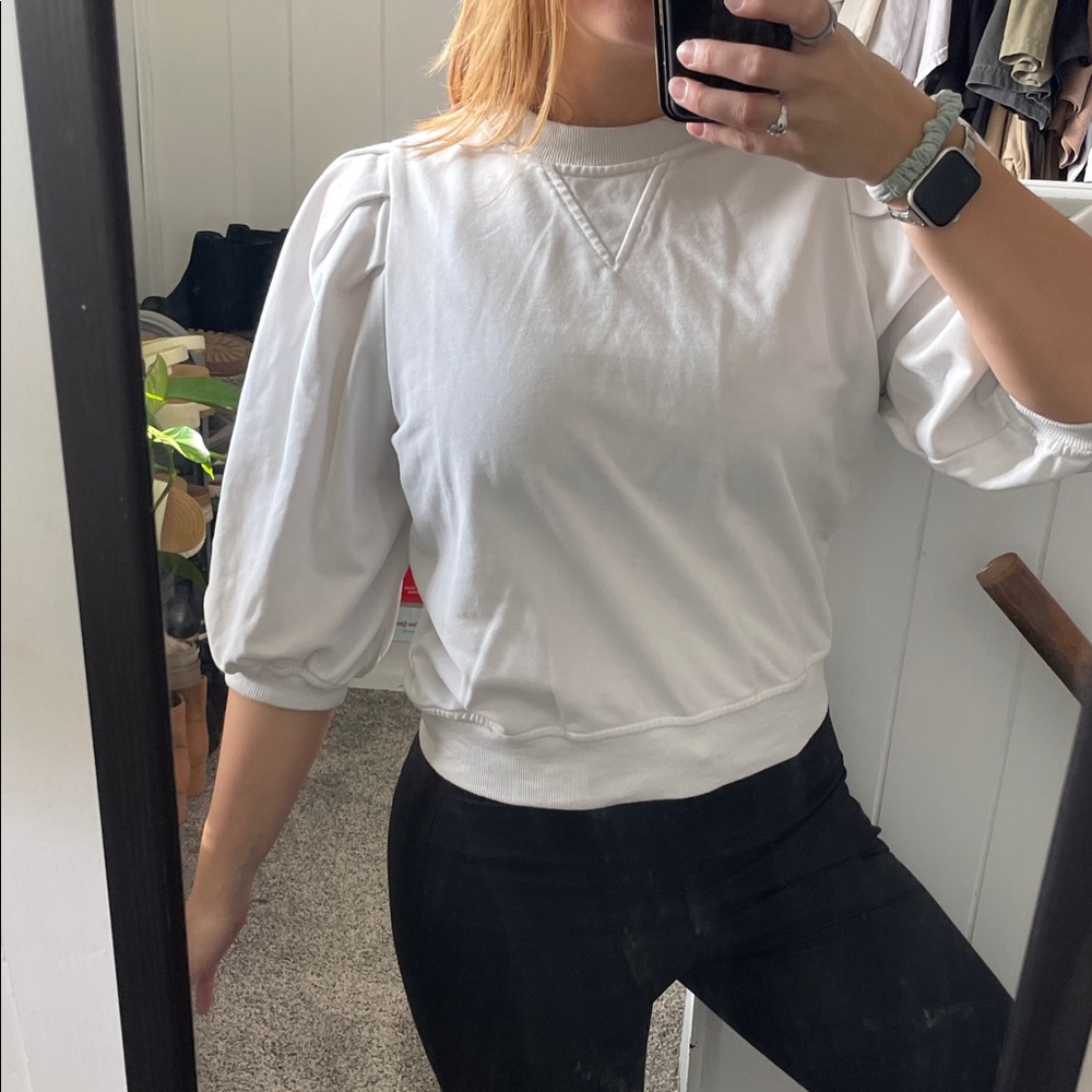 Elegant White Puff Sleeve Sweatshirt